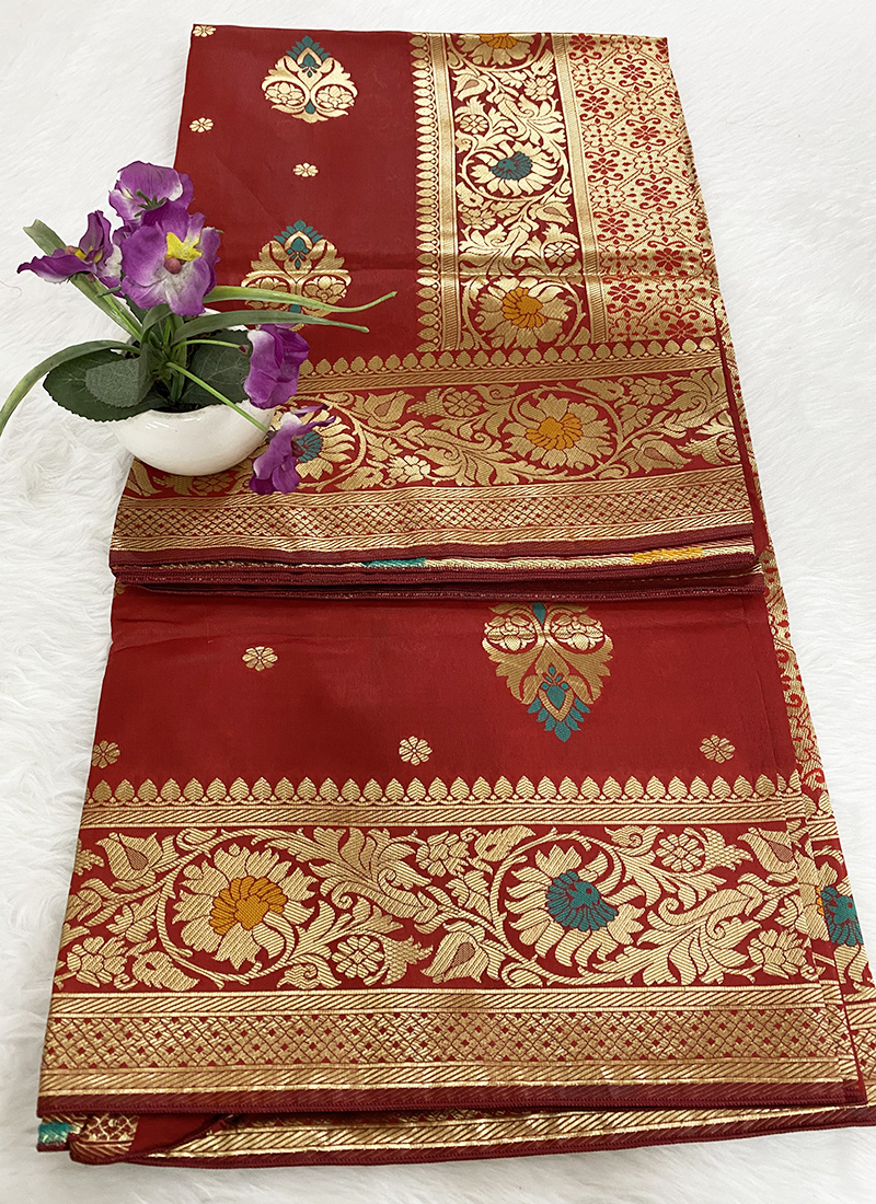 Women red  silk weaving wedding wear saree main image 0